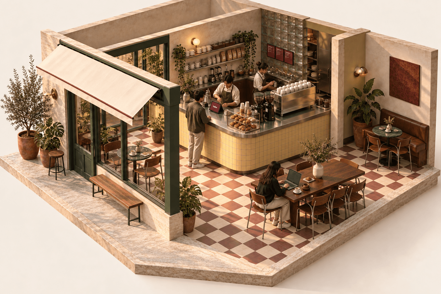 Café de especialidad donde un cliente ordena con Tabe, dos baristas preparan bebidas y una clienta trabaja en su laptop.