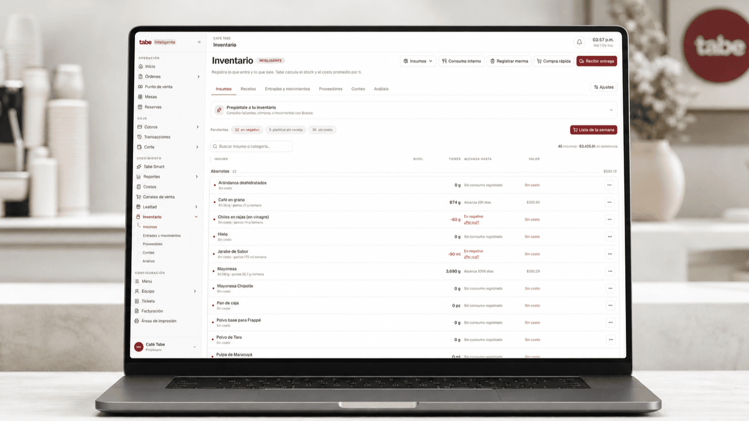 Inventario de Tabe abierto en una laptop