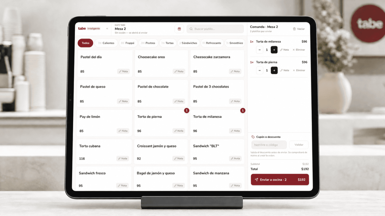 Punto de venta de Tabe abierto en un iPad
